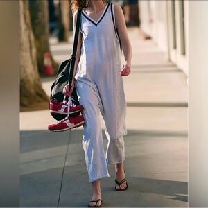 FP Movement by Free People Light Gray V‑Neck Wide‑Leg Jumpsuit -day trip